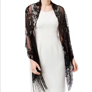 INC Black Floral Sequined Fringe Evening Wrap